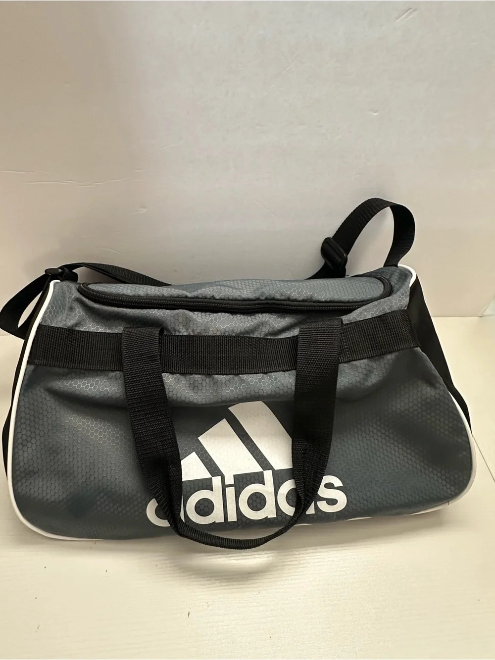 adidas Grey and Black Logo Duffel Bag with White Accents
